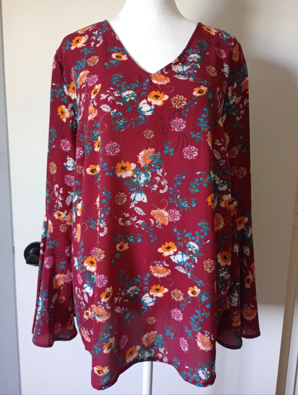 Valerie Stevens Dark Red Floral V-Neck Long Sleeve Boho Top Size XL